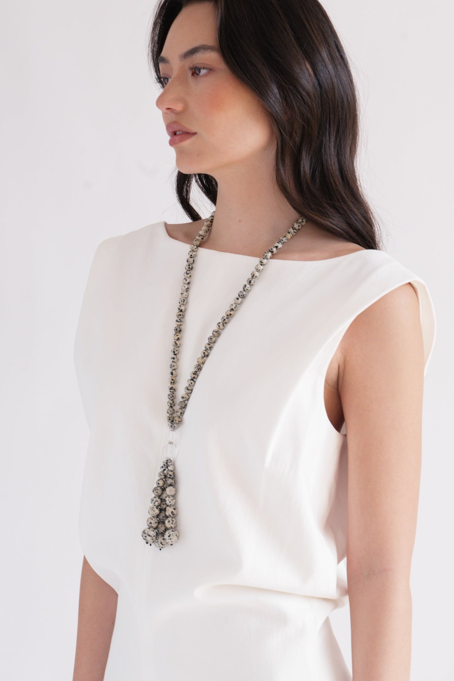 Dalmatian Jasper Pompon Necklace | Crystal Quartz
