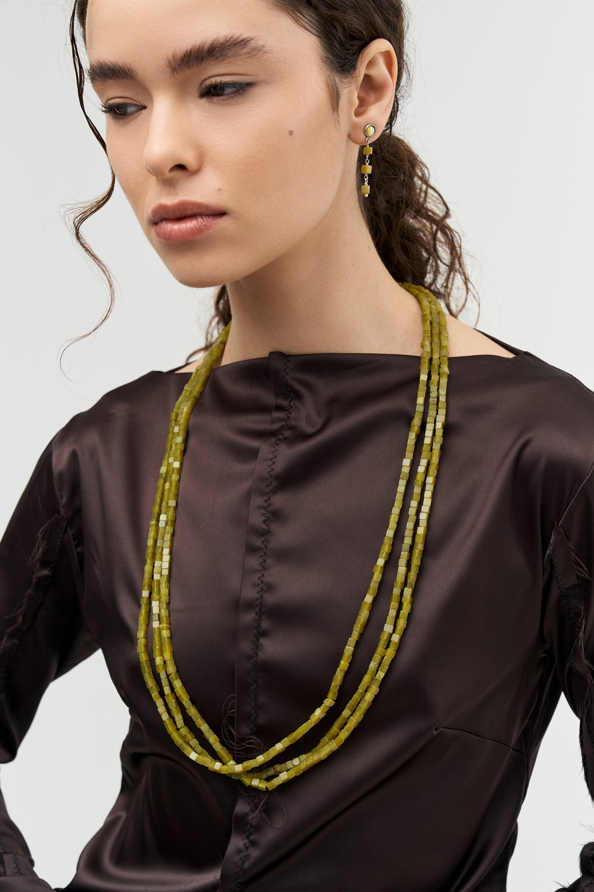 Olive Jade Cube Opera Necklace