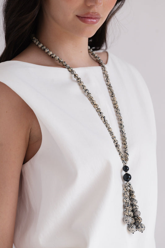 Dalmatian Jasper Pompon Necklace | Black Onyx
