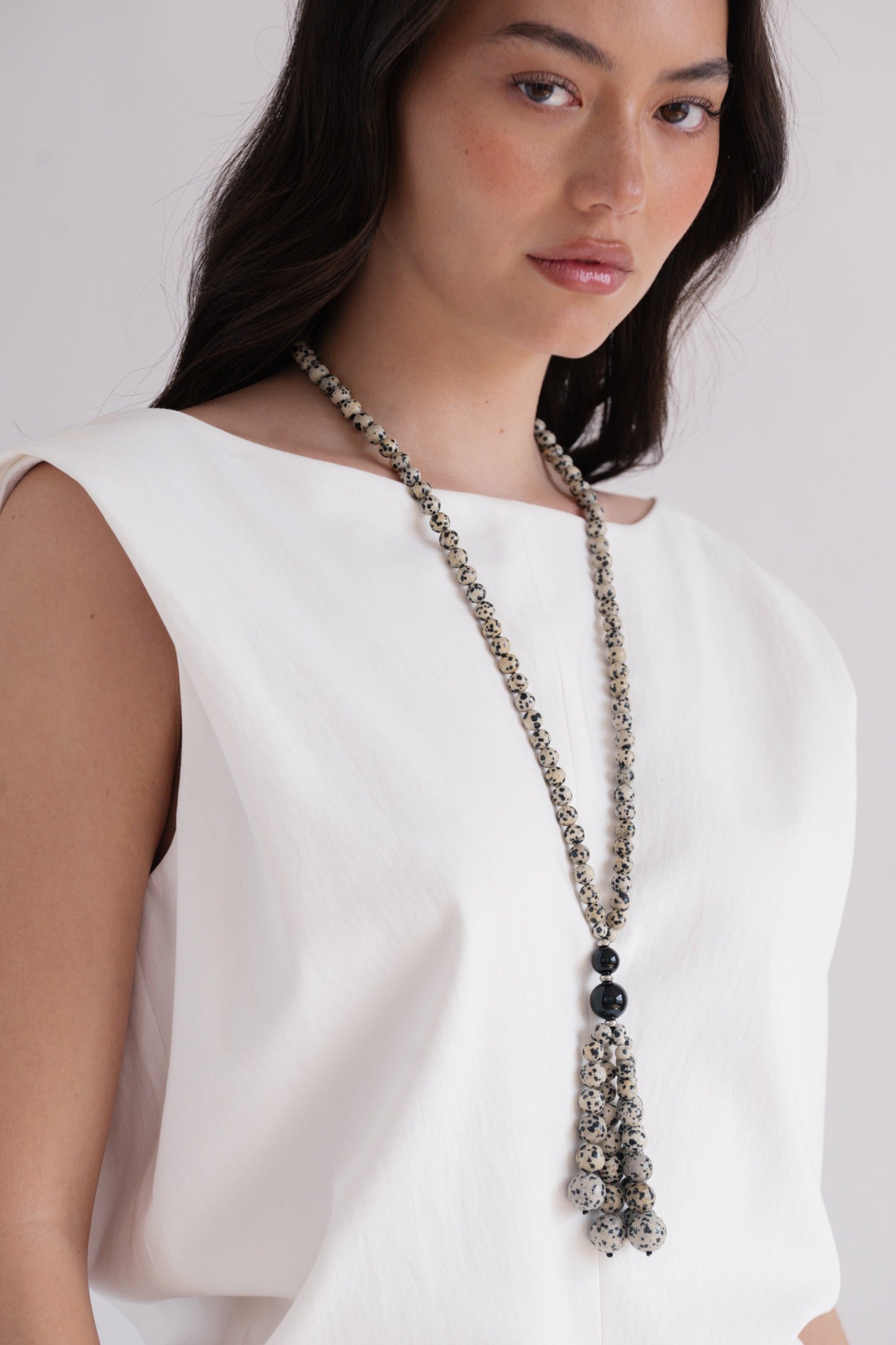 Dalmatian Jasper Pompon Necklace | Black Onyx