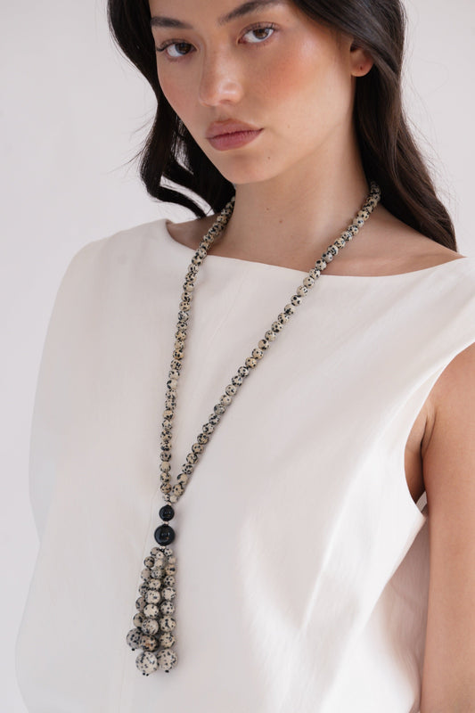 Dalmatian Jasper Pompon Necklace | Black Onyx