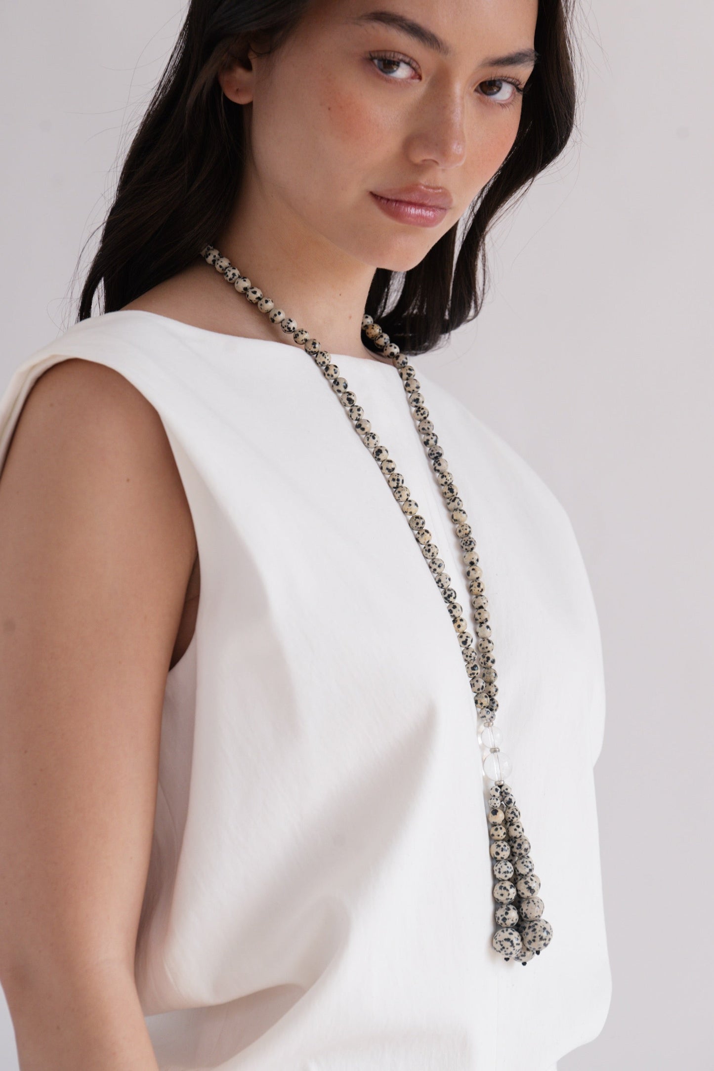 Dalmatian Jasper Pompon Necklace | Crystal Quartz