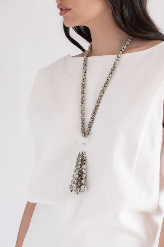 Dalmatian Jasper Pompon Necklace | Crystal Quartz