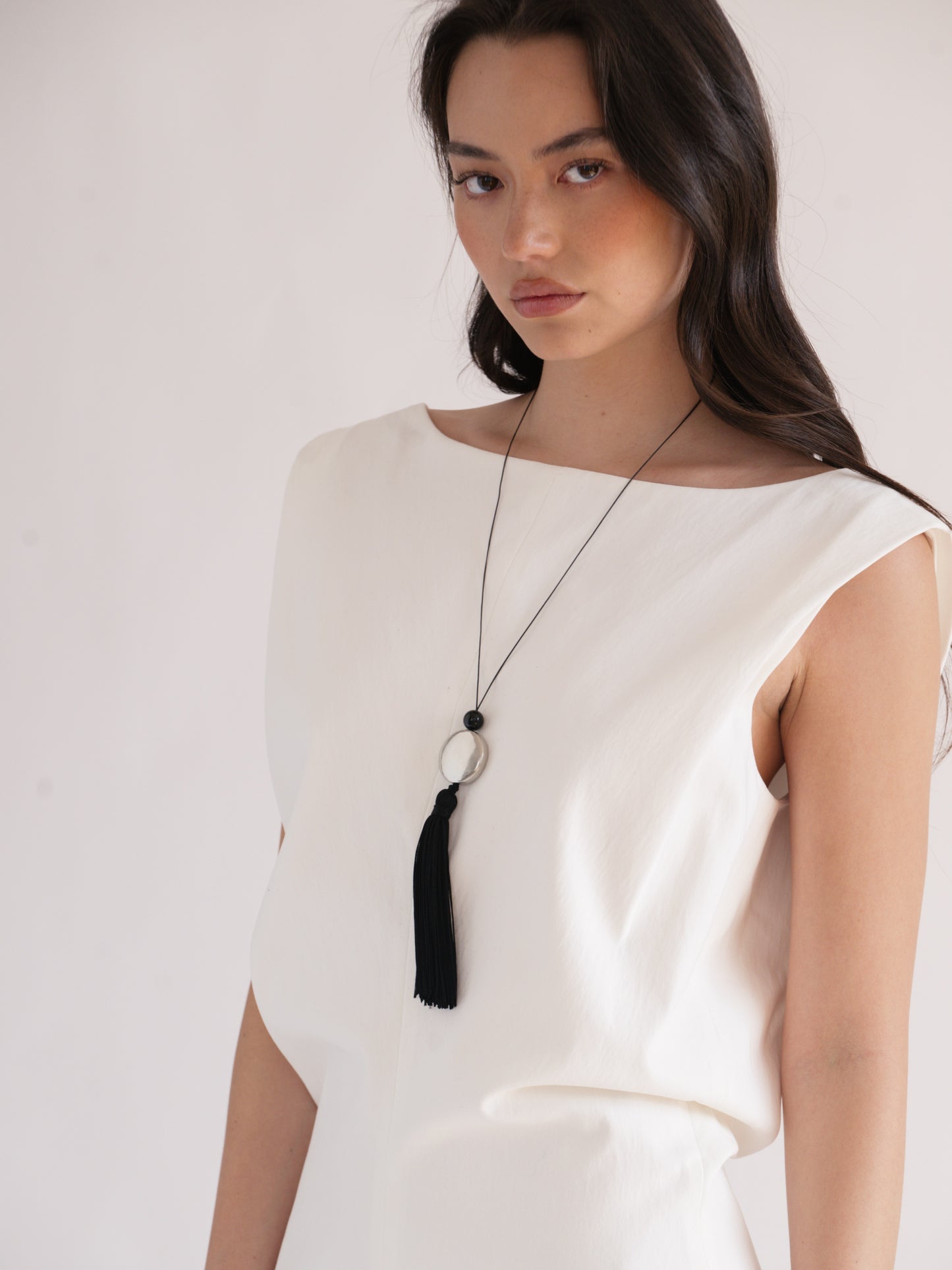 Tassel Cord Necklace 02, Metal | White Brass