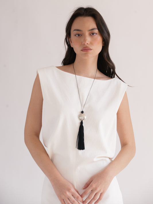 Tassel Cord Necklace 02, Metal | White Brass