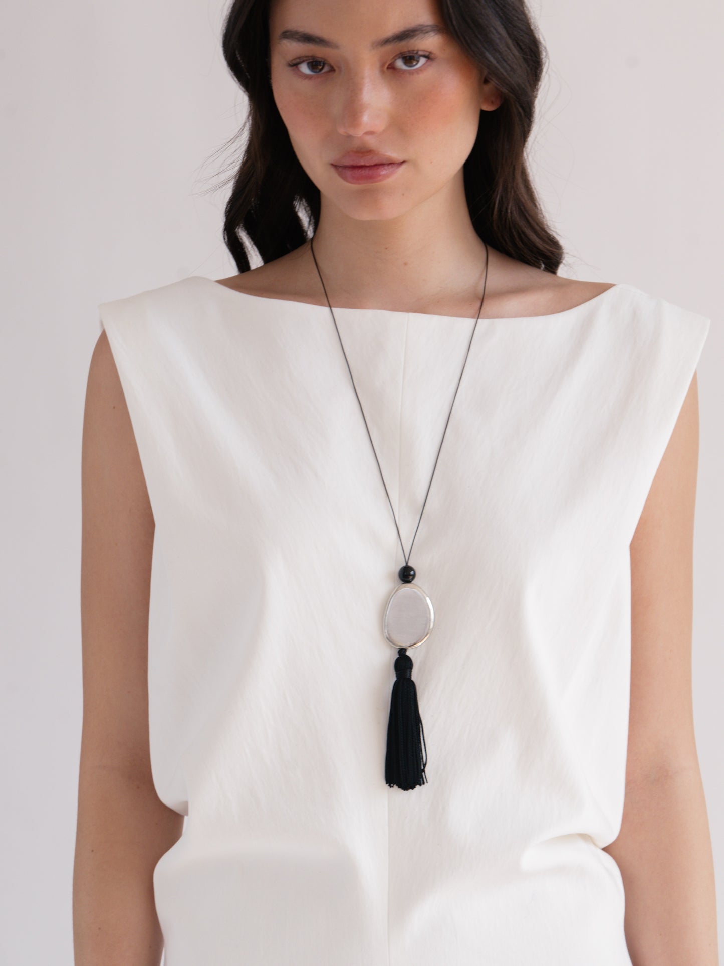 Tassel Cord Necklace 01, Metal | White Brass
