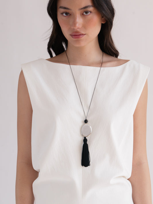 Tassel Cord Necklace 01, Metal | White Brass