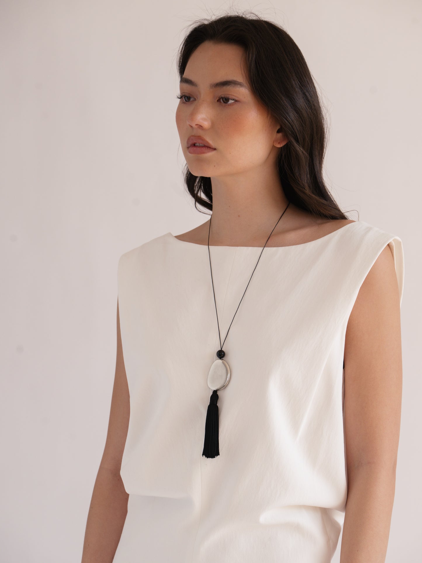 Tassel Cord Necklace 01, Metal | White Brass