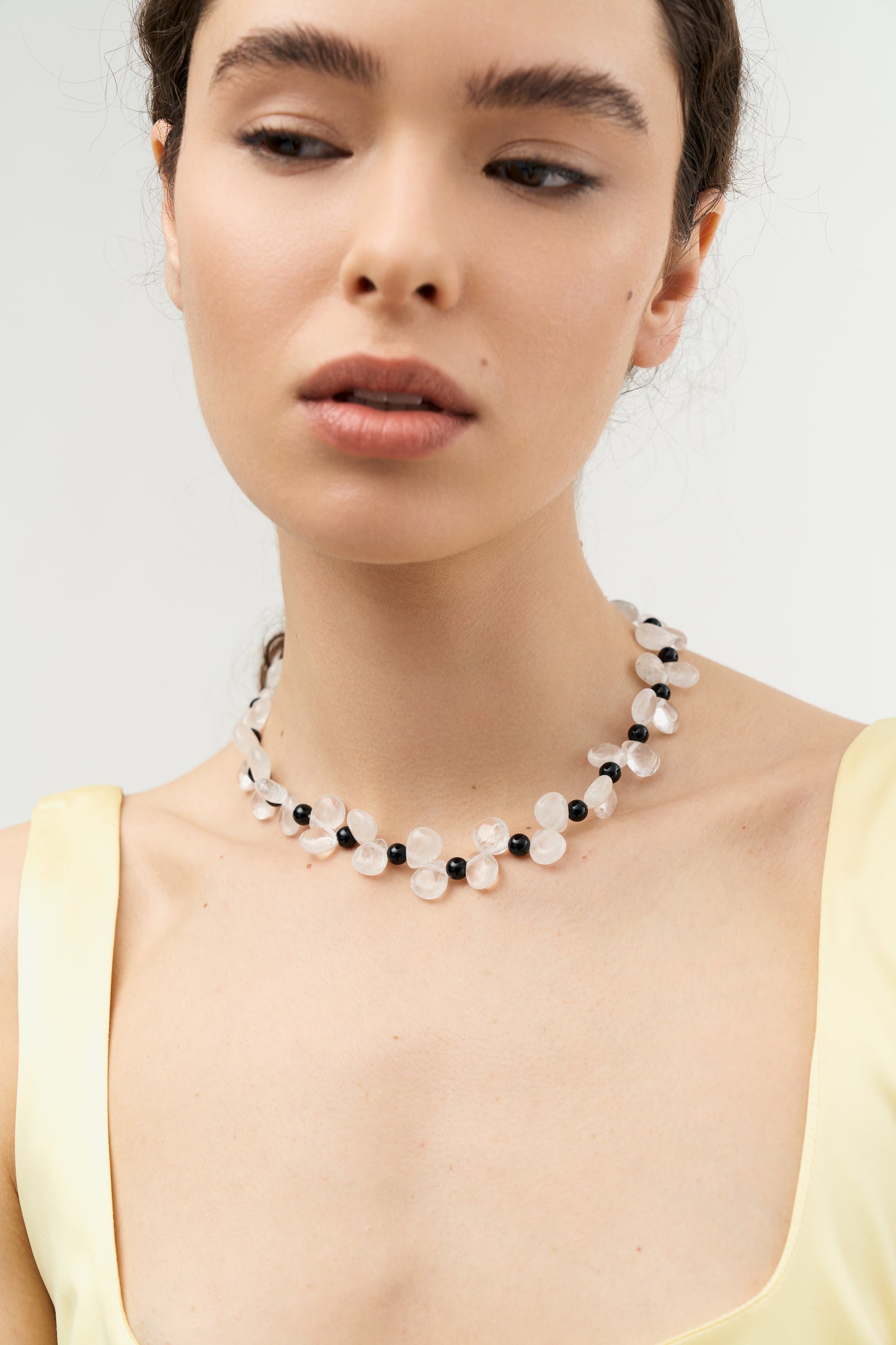 Crystal Quartz & Onyx Petal Choker