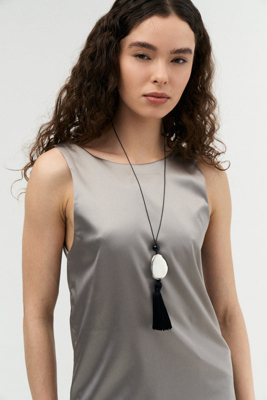 Tassel Cord Necklace 01, Metal | White Brass